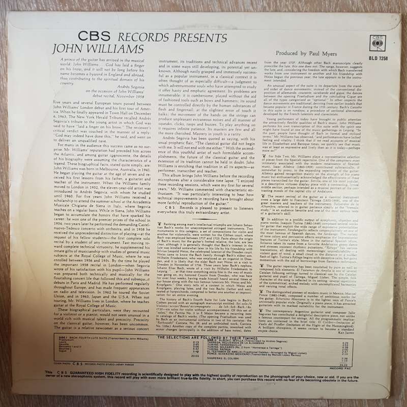 John Williams  CBS Presents John Williams -  Vinyl LP Record - Very-Good+ Quality (VG+)