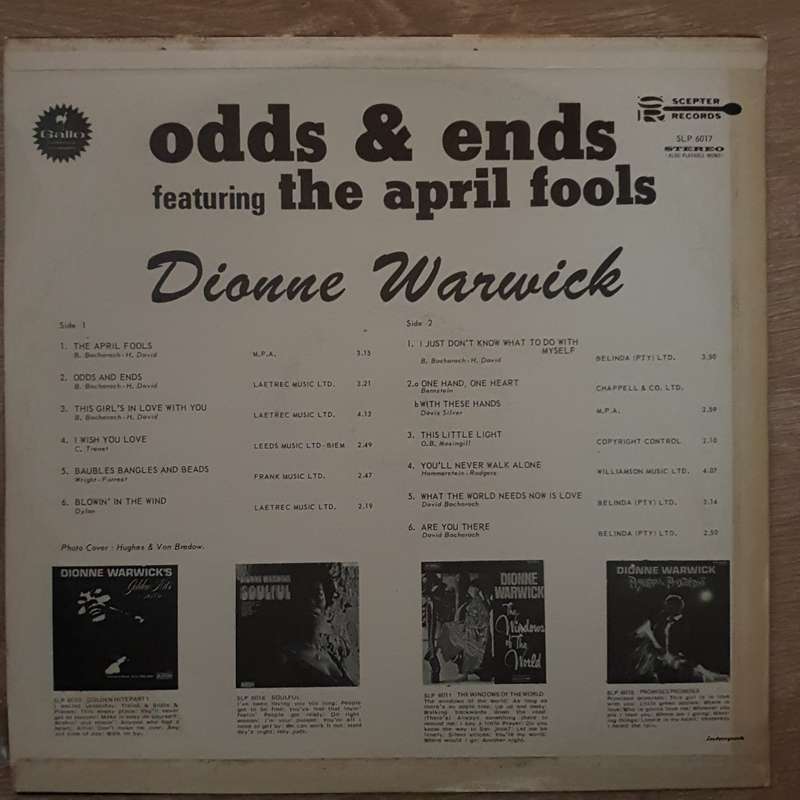 Dionne Warwick - Odds & Ends - Featuring The April Fools - Vinyl LP Record - Very-Good+ Quality (...