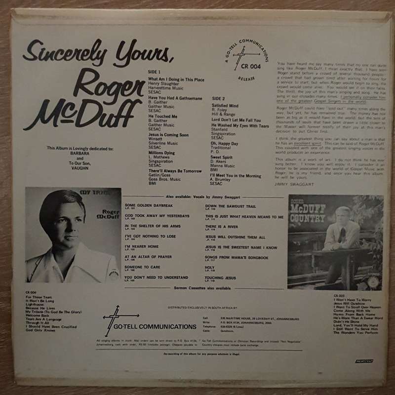 Roger McDuff  Sincerely Yours - Vinyl LP Record - Very-Good+ Quality (VG+)