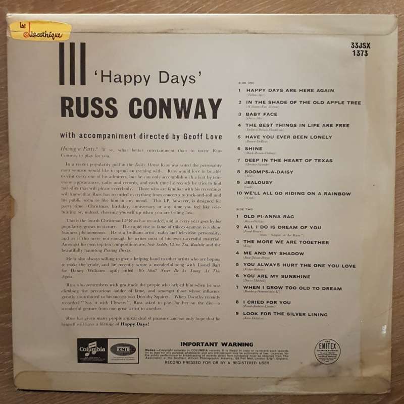Russ Conway  Happy Days - Vinyl LP Record - Very-Good+ Quality (VG+)