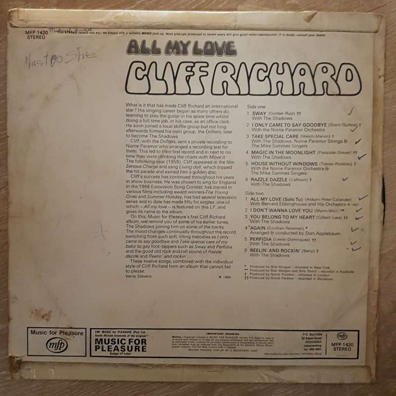 Cliff Richard  All My Love  Vinyl LP Record - Opened  - Good+ Quality (G+)
