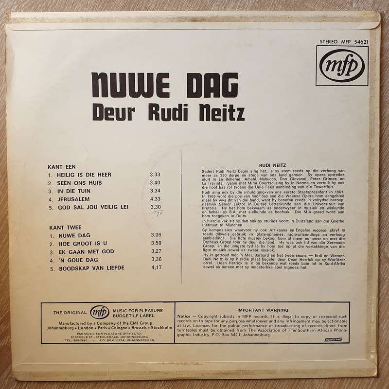 Rudi Neitz - Nuwe Dag - Vinyl LP Record - Opened  - Very-Good+ Quality (VG+)