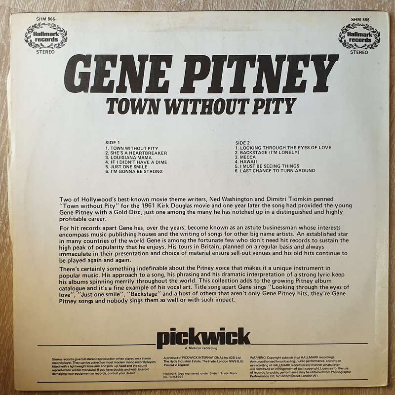 Gene Pitney  Town Without Pity - Vinyl LP Record - Very-Good+ Quality (VG+)
