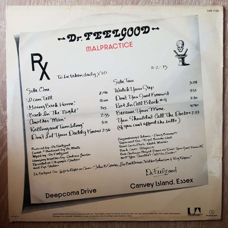 Dr. Feelgood  Malpractice - Vinyl LP Record - Very-Good+ Quality (VG+)
