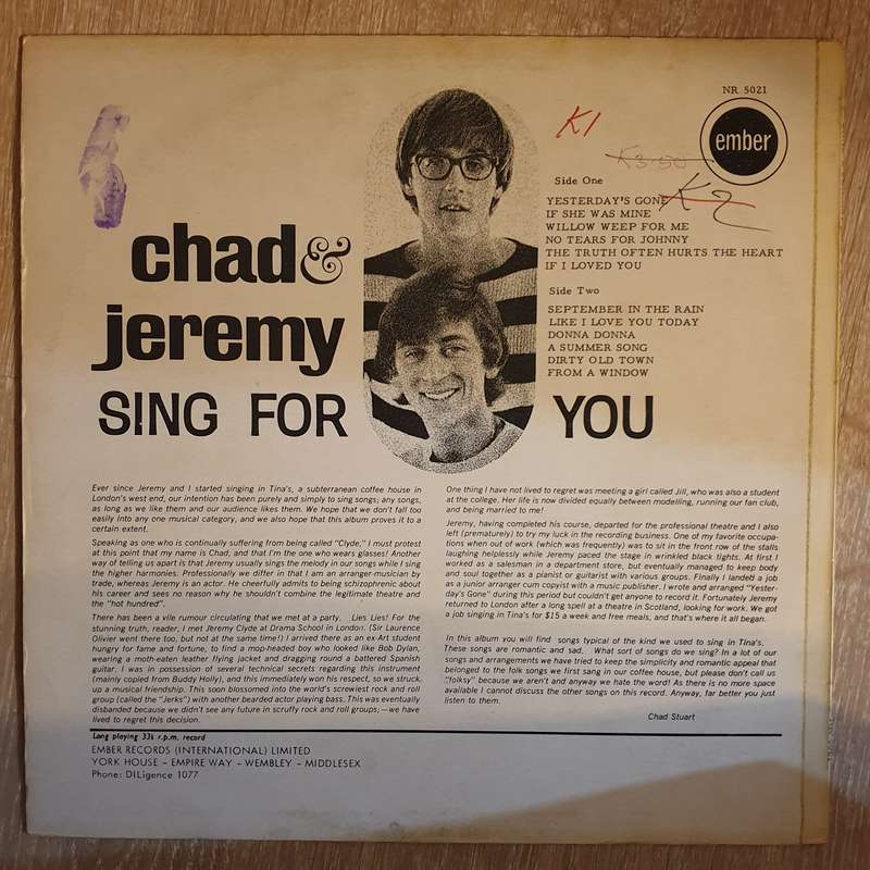Chad & Jeremy  Sing For You -  Vinyl  Record - Very-Good+ Quality (VG+)