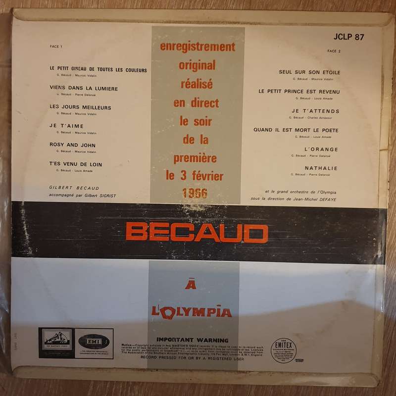Gilbert Bécaud  Bécaud à L'Olympia -  Vinyl  Record - Very-Good+ Quality (VG+)