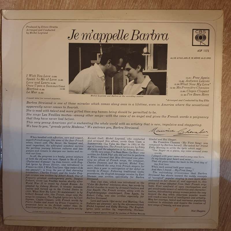 Barbra Streisand  Je M'appelle Barbra  - Vinyl LP Record   - Very-Good Quality (VG)