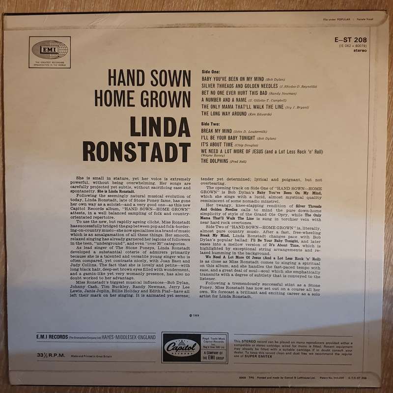 Linda Ronstadt  Hand Sown... Home Grown -  Vinyl  Record - Very-Good+ Quality (VG+)