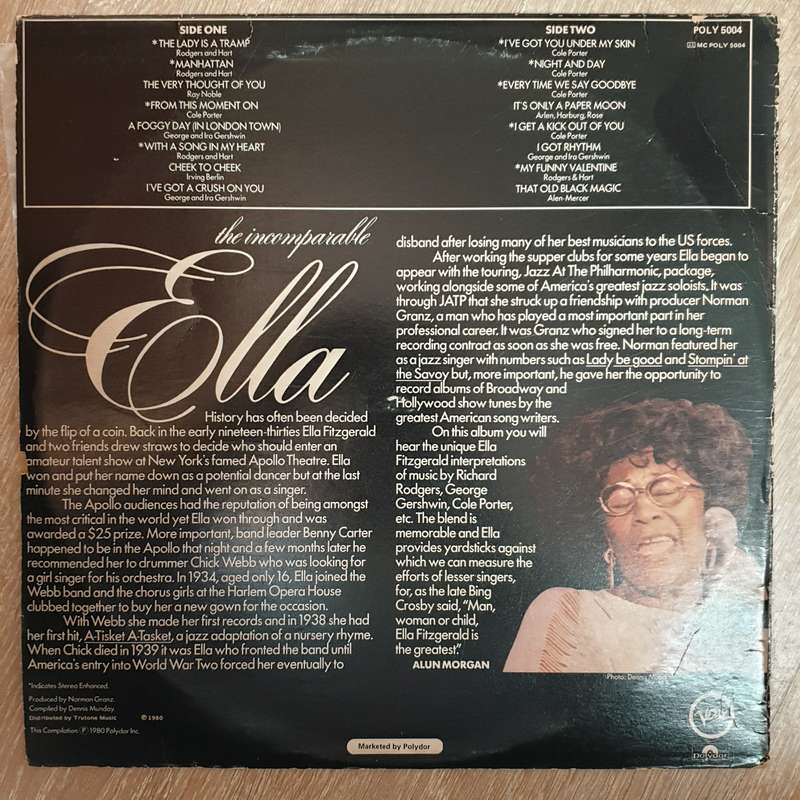 Ella Fitzgerald  The Incomparable Ella - Vinyl  LP Record - Very-Good+ Quality (VG+)