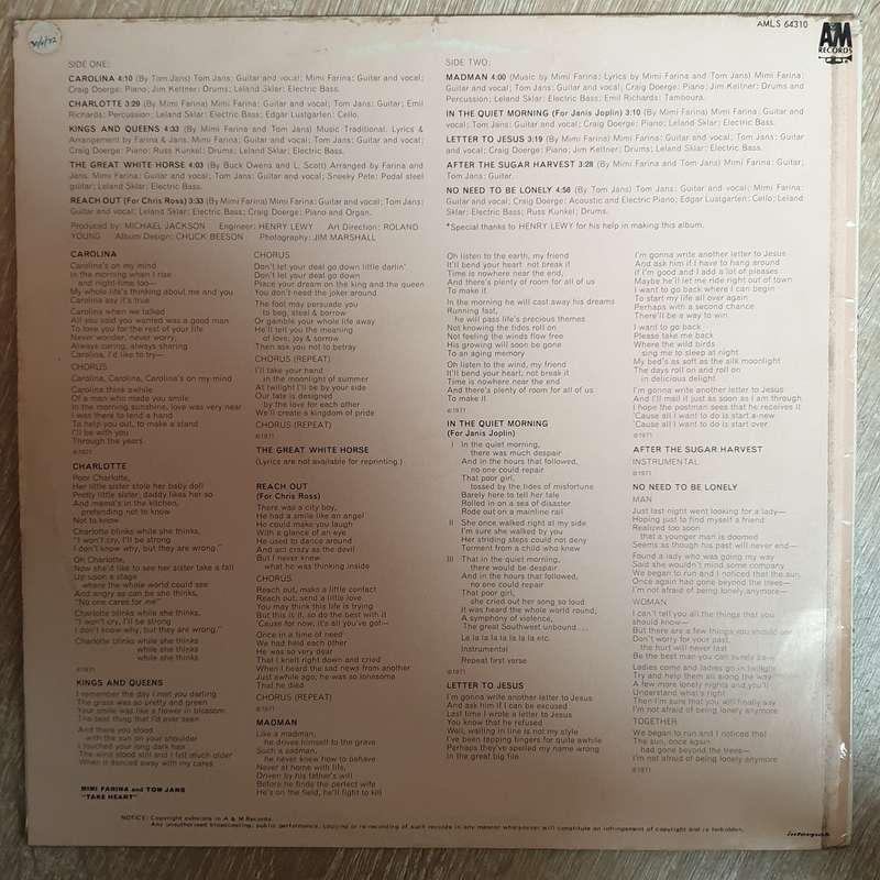 Mimi Farina And Tom Jans  Take Heart - Vinyl  Record - Very-Good+ Quality (VG+)
