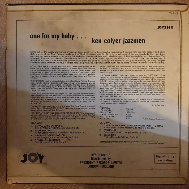 Ken Colyer Jazzmen  One For My Baby -  Vinyl LP Record - Opened  - Good Quality (G)