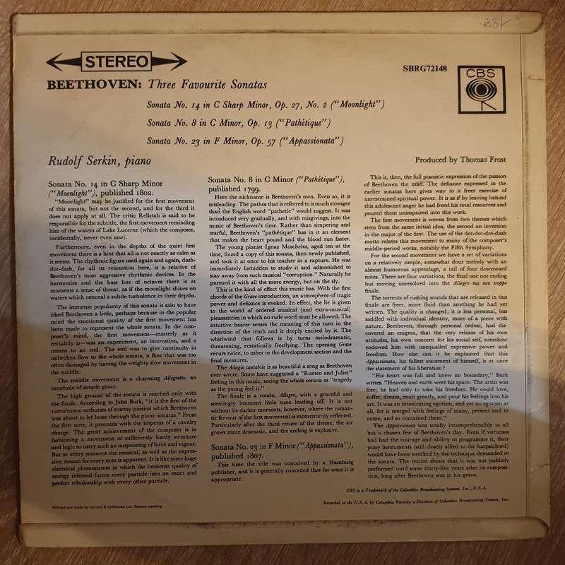 Serkin - Beethoven  Three Favorite Sonatas - Vinyl LP Record - Opened  - Very-Good Quality ...