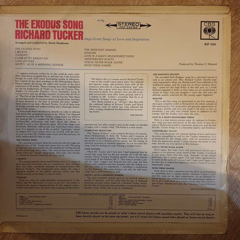 Richard Tucker - The Exodus Song -  Vinyl LP Record - Opened  - Good Quality (G)