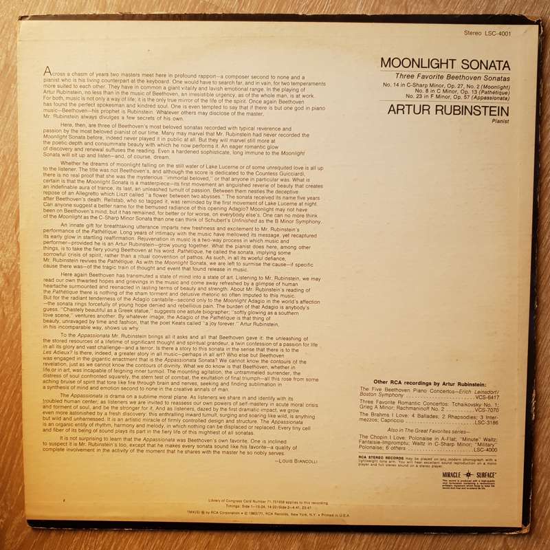 Arthur Rubinstein  Moonlight Sonata: Three Favorite Beethoven Sonatas -  Vinyl Record - Ver...