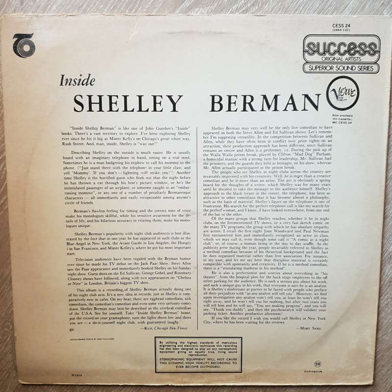 Shelley Berman  Inside Shelley Berman - Vinyl LP Record - Very-Good+ Quality (VG+)