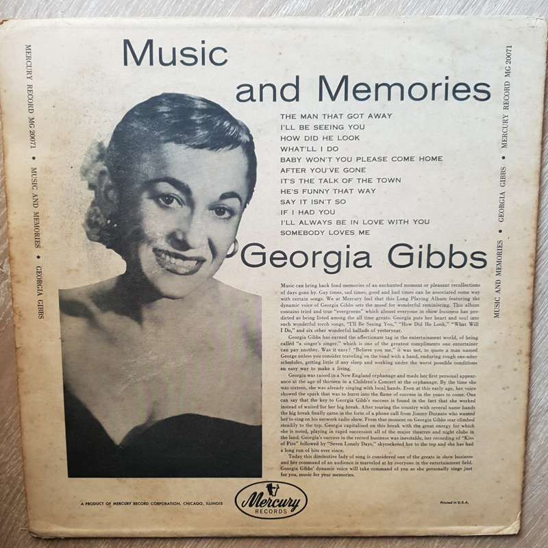 Georgia Gibbs  Music And Memories -  Vinyl LP Record - Very-Good+ Quality (VG+)