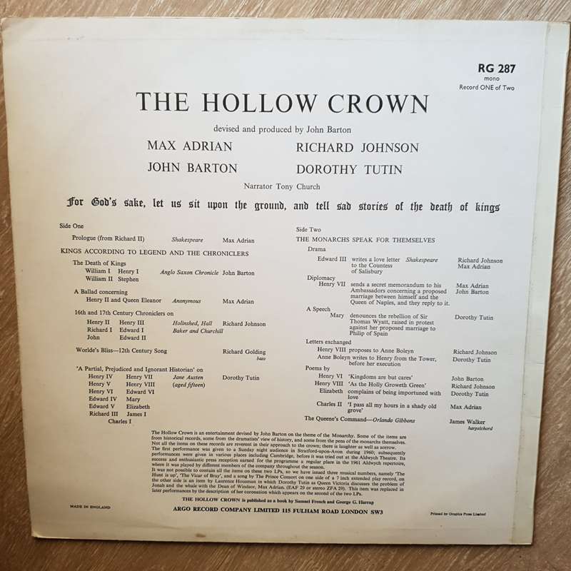 Royal Shakespeare Company  The Hollow Crown (Record One of Two) -  Vinyl LP Record - Ver...