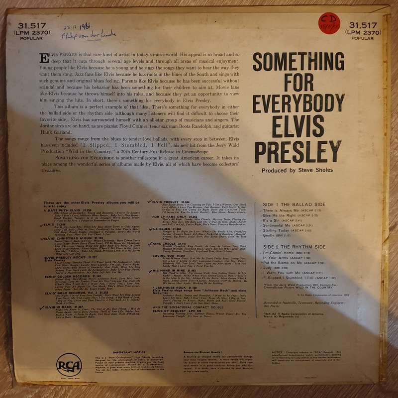 Elvis Presley  Something For Everybody  Vinyl LP Record - Very-Good+ Quality (VG+)