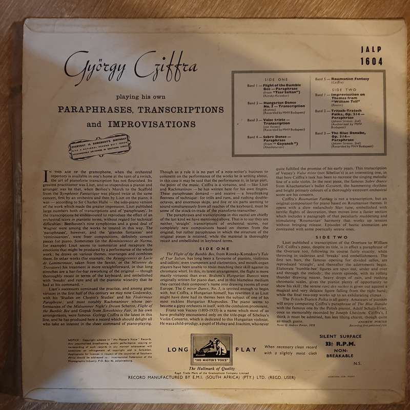 Gyorgy Cziffra - Playing His Own Paraphrases, Transcriptions and Improvisations - Vinyl LP Record...