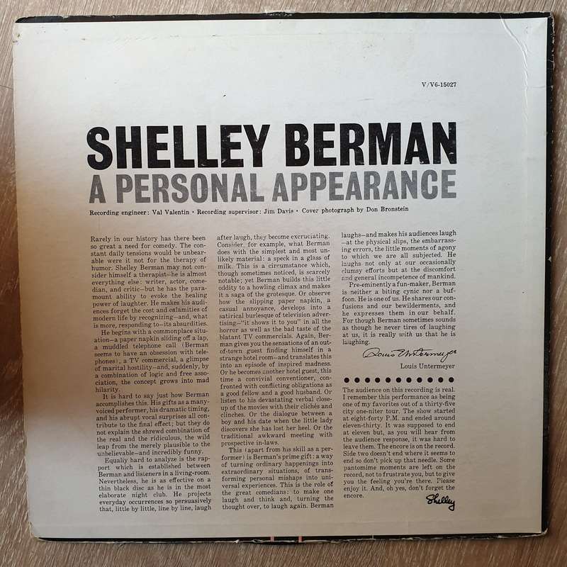 Shelley Berman - A Personal Appearance   Vinyl LP Record - Opened  - Good+ Quality (G+)