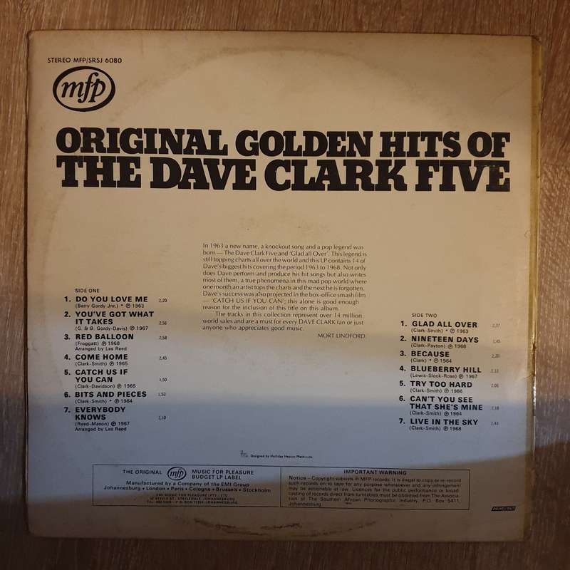 Dave Clark Five - Original Hits Of The Dave Clark Five - Vinyl Record - Very-Good+ Quality (VG+)