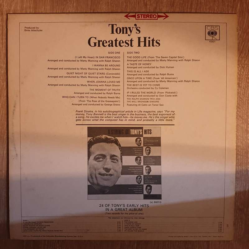 Tony Bennett  Tony's Greatest Hits - Vinyl Record - Very-Good+ Quality (VG+)