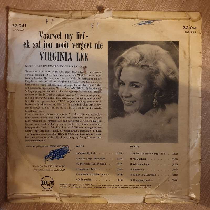 Virginia Lee - Vaarwel my Lief, Ek Sal Jou Nooit Vergeet Nie - Vinyl LP Record - Opened  - Fair Q...