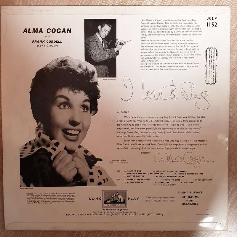 Alma Cogan  I Love To Sing -  Vinyl LP - Opened  - Very-Good+ Quality (VG+)