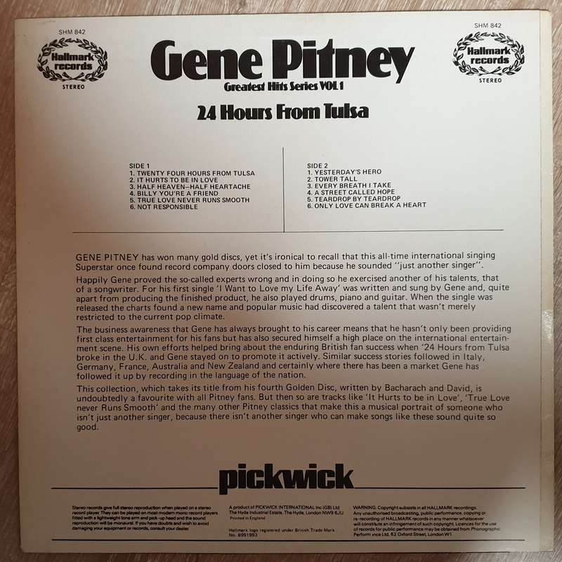 Gene Pitney  24 Hours From Tulsa -  Vinyl LP - Opened  - Very-Good+ Quality (VG+)