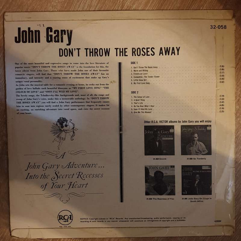 John Gary  Don't Throw  The Roses Away -  Vinyl LP Record - Opened  - Very-Good- Quality (VG-)