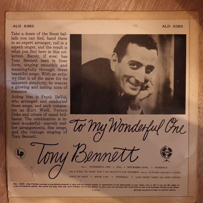 Tony Bennett  To My Wonderful One -  Vinyl LP Record - Opened  - Very-Good Quality (VG)