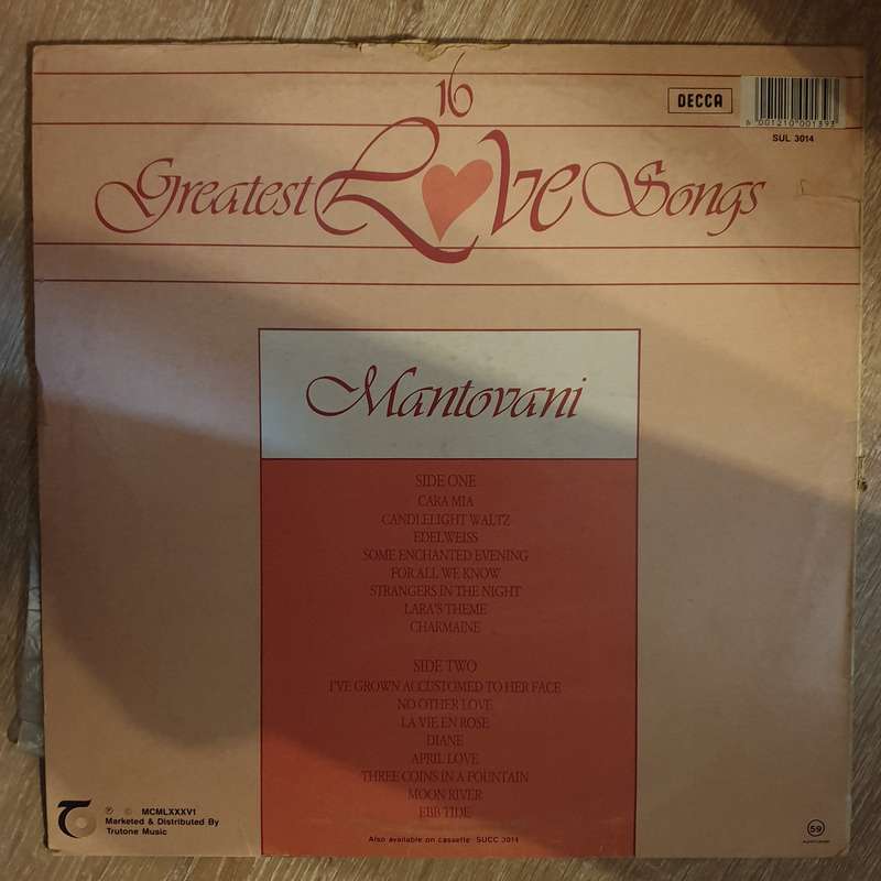 Mantovani - 16 Greatest Love Songs -  Vinyl LP Record - Very-Good+ Quality (VG+)
