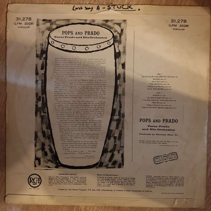 Perez Prado And His Orchestra  Pops And Prado  -  Vinyl LP Record - Opened  - Good Quality (G)