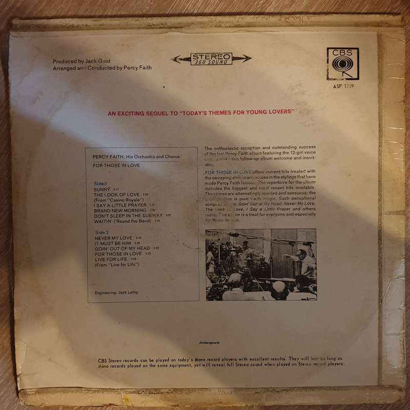 Percy Faith - For Those In Love - Vinyl LP Record - Opened  - Good+ Quality (G+)