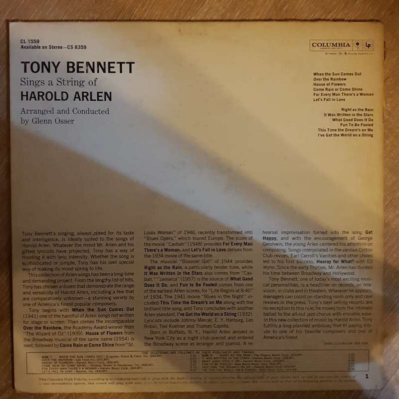 Tony Bennett  Sings A String Of Harold Arlen -  Vinyl LP Record - Very-Good+ Quality (VG+)