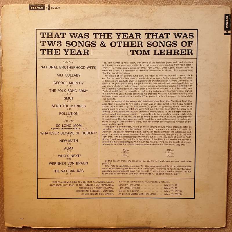 Tom Lehrer  That Was The Year That Was  -  Vinyl LP Record - Opened  - Good Quality (G)