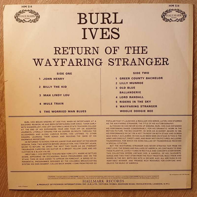 Burl Ives  Return Of The Wayfaring Stranger -  Vinyl LP Record - Very-Good+ Quality (VG+)