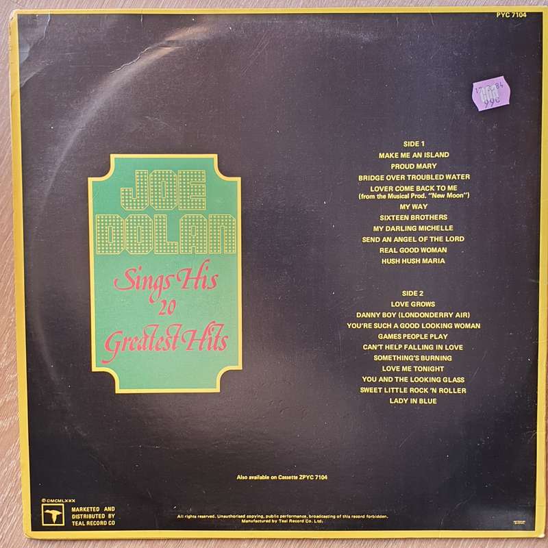 Joe Dolan  Joe Dolan Sings His 20 Greatest Hits   Vinyl LP Record  (G+)