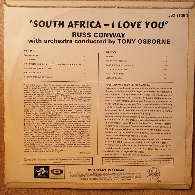 Russ Conway - South Africa - I Love You  - With Tony Osborne - Vinyl LP Record - Opened  - Very-G...