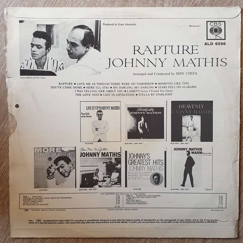 Johnny Mathis  Rapture - Vinyl LP Record - Opened  - Very-Good Quality (VG)