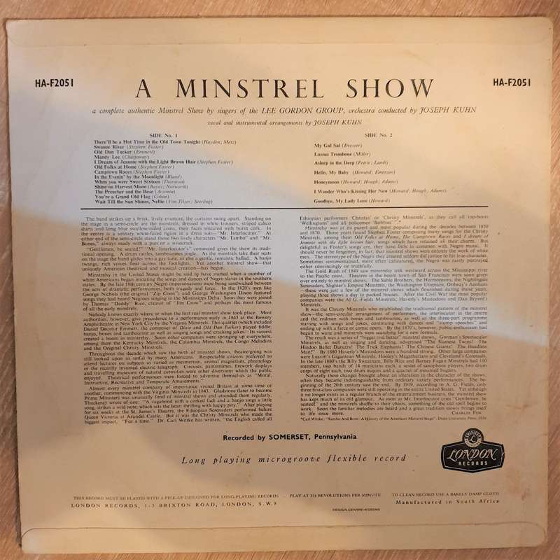 Minstrel Show - A Complete Authentic Minstrel Show - Vinyl LP Record - Opened  - Good+ Quality (G+)