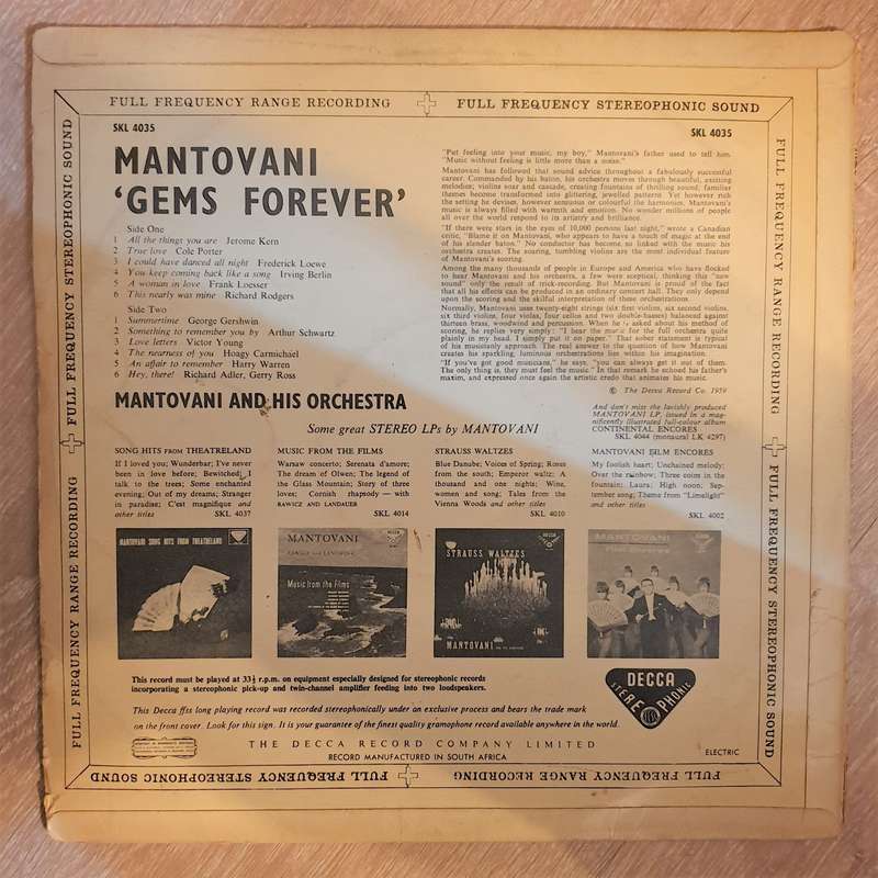 Mantovani And His Orchestra  Gems Forever  Vinyl LP Record - Opened  - Very-Good Qual...