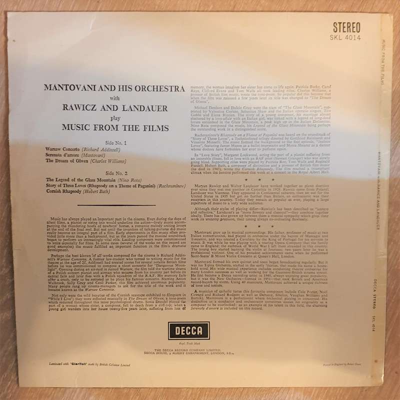 Mantovani, Rawicz And Landauer  Music From The Films - Vinyl LP Record - Opened  - Very-Goo...