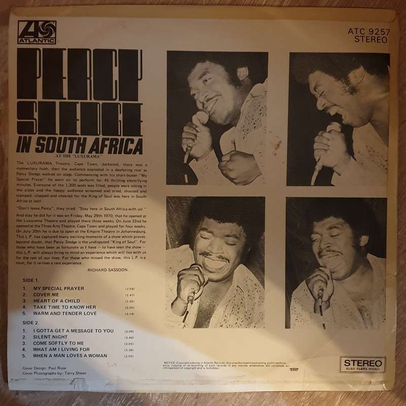 Percy Sledge - Live In South Africa - Vinyl LP Record  - Very-Good Quality (VG)
