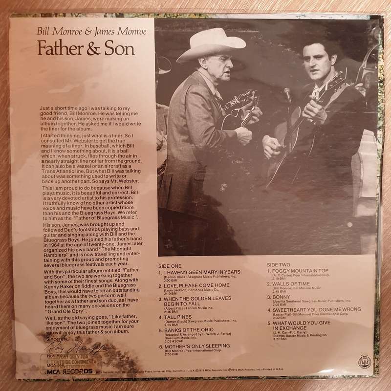 Bill Monroe & James Monroe  Father & Son - Vinyl LP  Record - Opened  - Very-Good+ Quality (VG+)