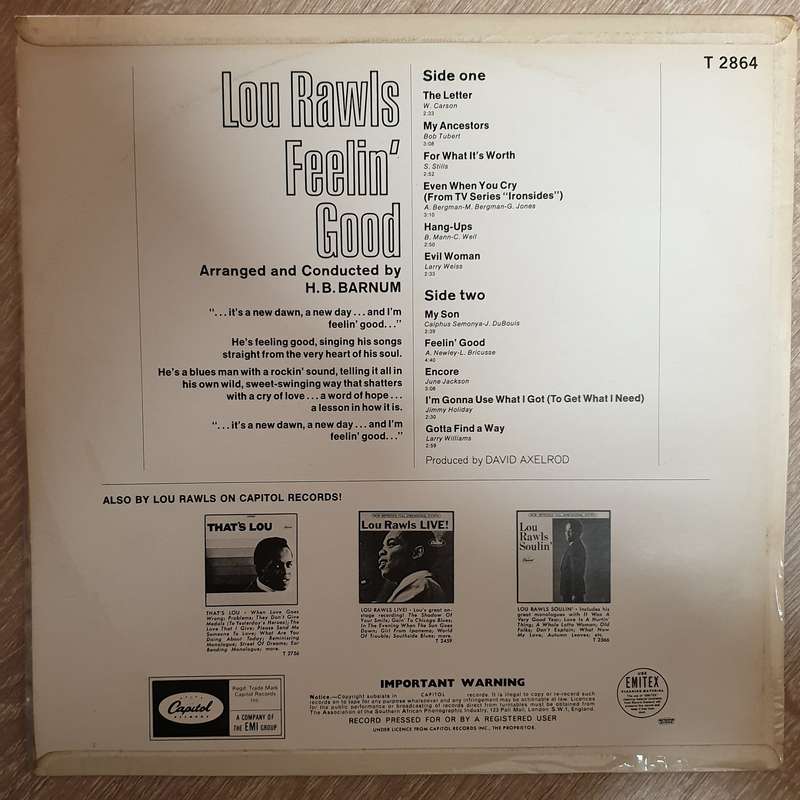Lou Rawls  Feelin' Good- Vinyl LP  Record - Opened  - Very-Good+ Quality (VG+)