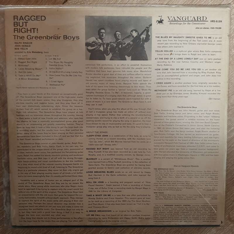 The Greenbriar Boys  Ragged But Right! - Vinyl LP Record - Very-Good+ Quality (VG+)