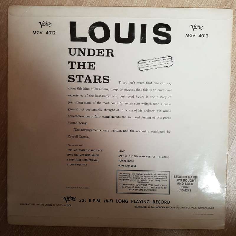 Louis Armstrong  Under The Stars -  Vinyl LP Record - Very-Good+ Quality (VG+)
