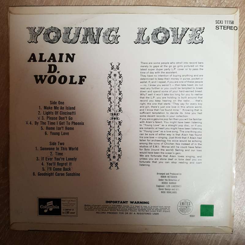 Alain D. Woolf - Young Love - Vinyl LP Record - Very-Good+ Quality (VG+)