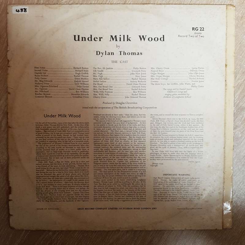 Under Milk Wood - Dylan Thomas With Richard Burton - Vinyl LP Record - Opened  - Good+ Quality...